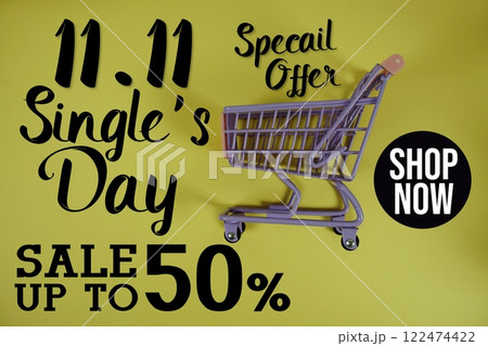 11.11 Single's Day Sale 70% off Special Offer Promotion and trolley shopping cart on yellow background 122474422