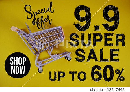 9.9 Super Sale 60% Special Offer Promotion and trolley shopping cart on yellow background 122474424