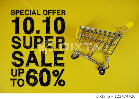 10.10 Super Sale 60% off Special Offer Promotion and trolley shopping cart on yellow background 10.10 Super Sale 60% off Special Offer Promotion and trolley shopping cart on yellow background 122474426