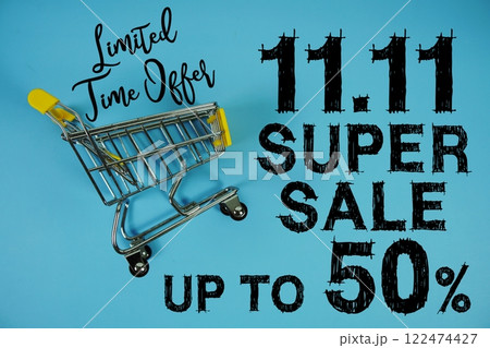 11.11 Super Sale 50% off Special Offer Promotion and trolley shopping cart on blue background 122474427