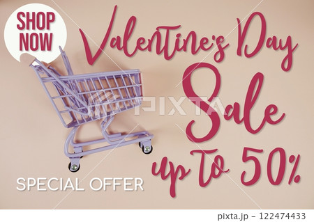Valentine's Day Sale 50% off Special Offer Promotion and trolley shopping cart on pink background Valentine's Day Sale 50% off Special Offer Promotion and trolley shopping cart on pink background 122474433