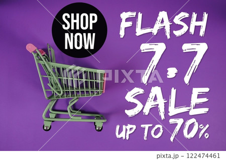 7.7 Flash Sale 70% off Special Offer Promotion and trolley shopping cart on purple background 7.7 Flash Sale 70% off Special Offer Promotion and trolley shopping cart on purple background 122474461