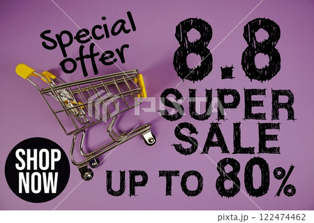 8.8 Super Sale 80% Special Offer Promotion and trolley shopping cart on purple background 8.8 Super Sale 80% Special Offer Promotion and trolley shopping cart on purple background 122474462