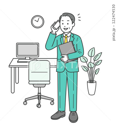 生き生きとオフィスで仕事をする男性の全身イラスト 122474530