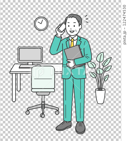 生き生きとオフィスで仕事をする男性の全身イラスト 122474530