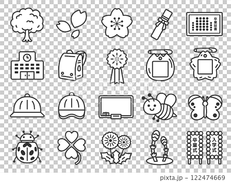 Illustration set of graduation and entrance season icons (line drawings) 122474669