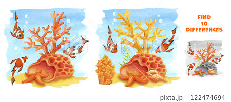 Find 10 differences. Educational game for children with clown fish, starfish and corals on a seabed. Puzzle Hidden Items. Hand drawn illustration from the UNDERWATER WORLD collection. Attention task Find 10 differences. Educational game for children with clown fish, starfish and corals on a seabed. Puzzle Hidden Items. Hand drawn illustration from the UNDERWATER WORLD collection. Attention task 122474694