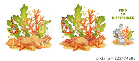 Find the differences puzzle game. Underwater world cartoon watercolor illustration with sea animals. Hand drawn clown fish, starfish, shells, coral and seaweed. Attention task for school readiness 122474695