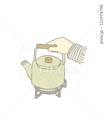 黄色いヤカンでお湯を沸かすイラスト 122474799
