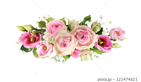 Pink rose and eustoma flowers in a festive floral arrangement Pink rose and eustoma flowers in a festive floral arrangement 122474821