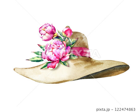 Watercolor hat with peonies on a white background. Summer women's headdress with pink flowers. It was drawn by hand. Watercolour. Print for textiles, postcards or gift wrapping. Watercolor hat with peonies on a white background. Summer women's headdress with pink flowers. It was drawn by hand. Watercolour. Print for textiles, postcards or gift wrapping. 122474863