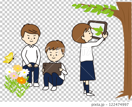 外でタブレットを使って学習をする子供たち 122474997