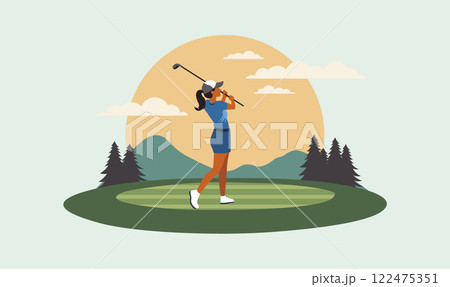 Woman Golfer Player Character Playing Golf Sport on the Field Landscape 122475351