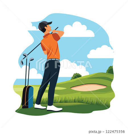 Man Golfer Player Character Playing Golf Sport on the Field in Bright Sky 122475356