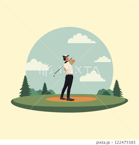 Man Golfer Player Character Playing Golf Sport on the Field Landscape 122475383