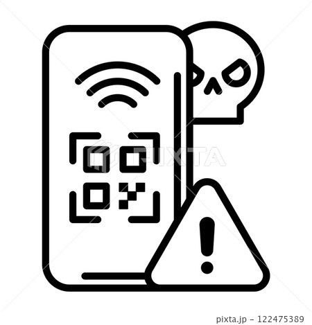 詐欺を警告するイメージアイコン。認識されたQRコードと警告マークと骸骨があります。 詐欺を警告するイメージアイコン。認識されたQRコードと警告マークと骸骨があります。 122475389