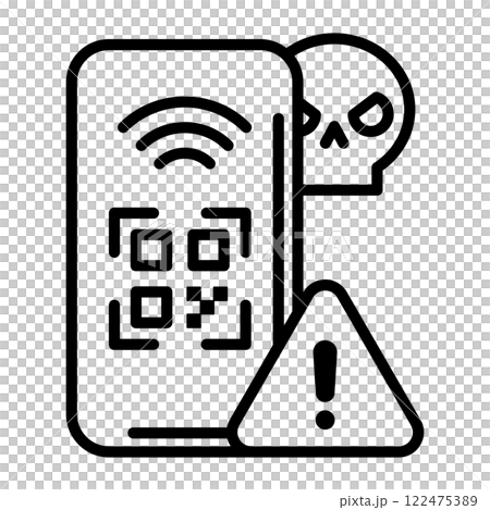 詐欺を警告するイメージアイコン。認識されたQRコードと警告マークと骸骨があります。 詐欺を警告するイメージアイコン。認識されたQRコードと警告マークと骸骨があります。 122475389