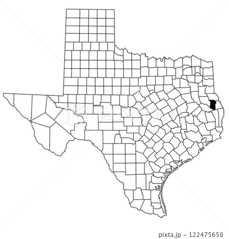 Map of San Augustine County in Texas state on white background. single County map highlighted by black colour on Texas map. UNITED STATES, US 122475658