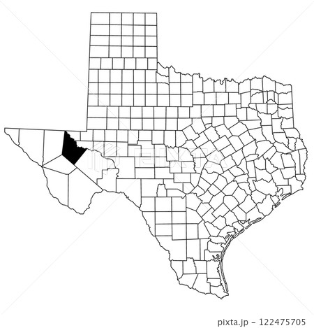 Map of Reeves County in Texas state on white background. single County map highlighted by black colour on Texas map. UNITED STATES, US 122475705