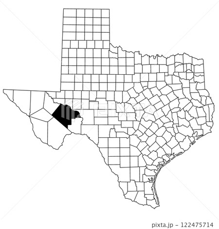 Map of Pecos County in Texas state on white background. single County map highlighted by black colour on Texas map. UNITED STATES, US Map of Pecos County in Texas state on white background. single County map highlighted by black colour on Texas map. UNITED STATES, US 122475714