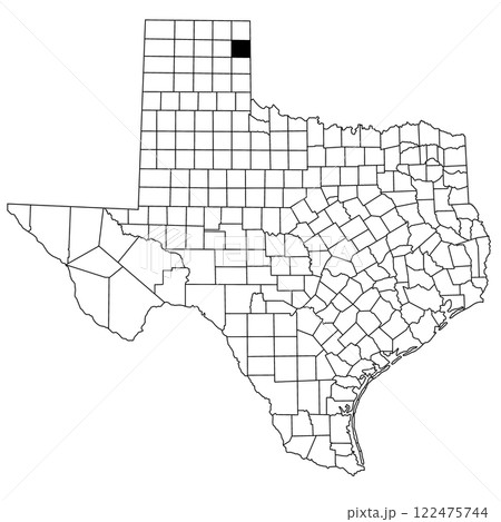 Map of hemphill County in Texas state on white background. single County map highlighted by black colour on Texas map. UNITED STATES, US 122475744