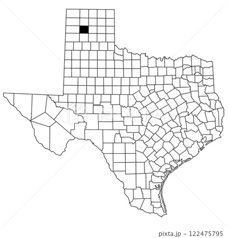 Map of Potter County in Texas state on white background. single County map highlighted by black colour on Texas map. UNITED STATES, US 122475795