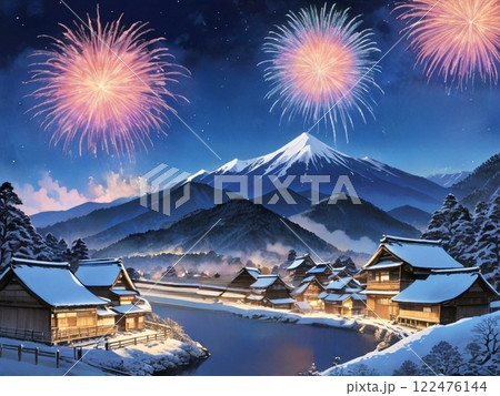 川沿いの古民家が並ぶ集落と花火-2 122476144