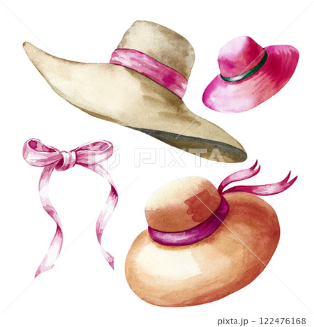 A set of women's hats with ribbons in yellow-pink color isolated on a white background. Fashion accessories and hats. All the elements are painted in watercolor. Drawing for the design 122476168
