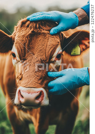 South Asian Veterinarian Wearing Gloves While Examining a Cow in a Rural Setting 122476237