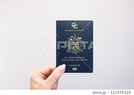 Passport Saint Kitts and Nevis Held Against Simple White Background. Astana, Kazakhstan, 26 october 2024 122476329