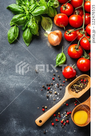 Fresh Ingredients and Herbs for a Chef Preparing Meals for an Online Food Delivery Service 122476535
