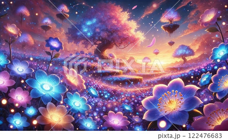 光る花々と浮遊島が広がる幻想的な異世界風景 122476683