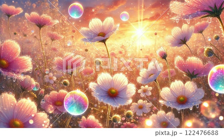 朝露に輝く幻想的な花畑と虹色のシャボン玉 122476688