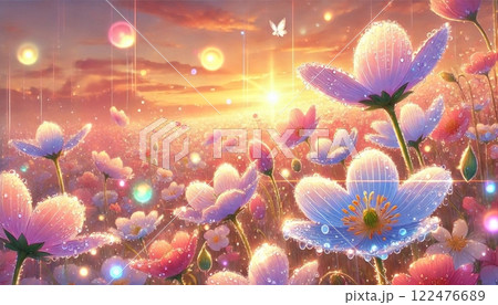 夕方に輝く幻想的な花畑と降り注ぐ光の粒 122476689