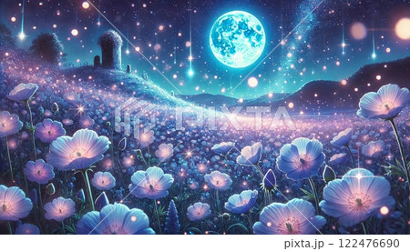 満月に照らされた幻想的な青い花畑と光の粒 122476690