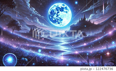 満月が輝く幻想的な夜の風景と光る川 122476736