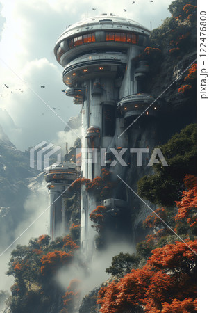 霧と雲に浮かぶSF未来都市の風景「AI生成画像」 霧と雲に浮かぶSF未来都市の風景「AI生成画像」 122476800