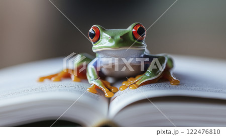 開いた本の上に座るカエル「AI生成画像」 122476810