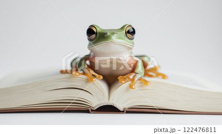 開いた本の上に座るカエル「AI生成画像」 122476811