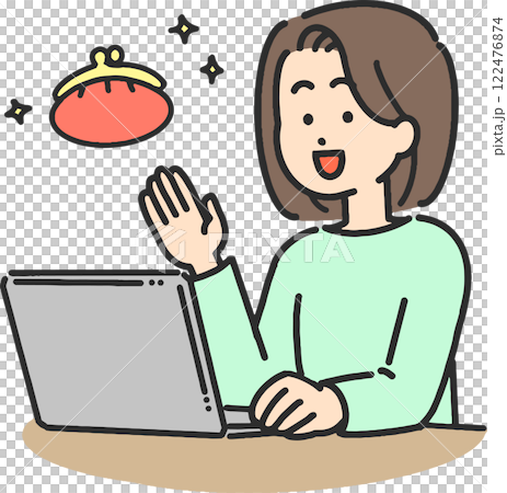 一位年輕女子操作計算機的插圖，該計算機提供有關金錢的信息 122476874