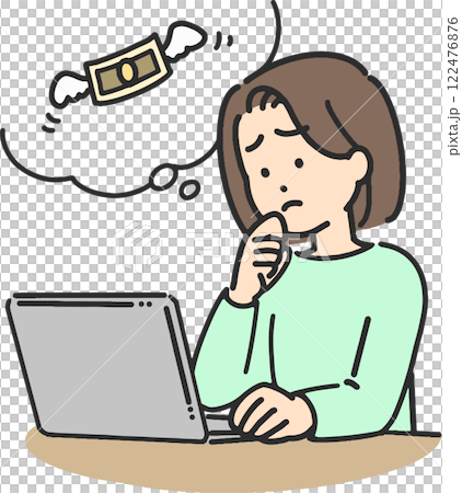 Illustration of a young woman worrying about money while operating a computer 122476876
