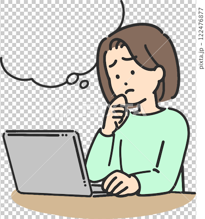 一位年輕女子在操作電腦時擔心某件事的插圖 122476877