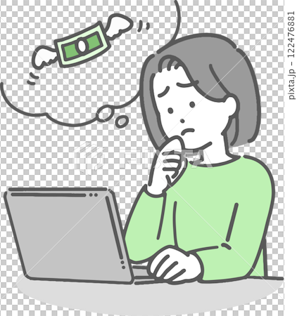 一位年輕女性在操作電腦時擔心錢的問題 122476881
