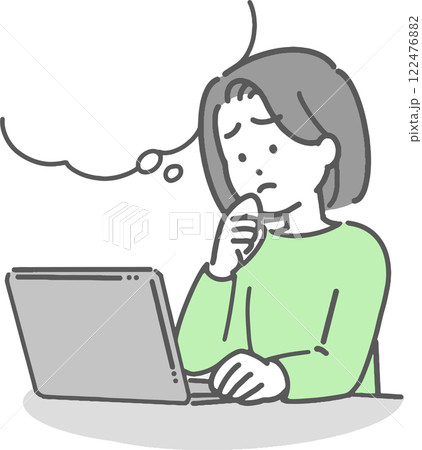 パソコンを操作しながら何か心配する若い女性のイラスト パソコンを操作しながら何か心配する若い女性のイラスト 122476882