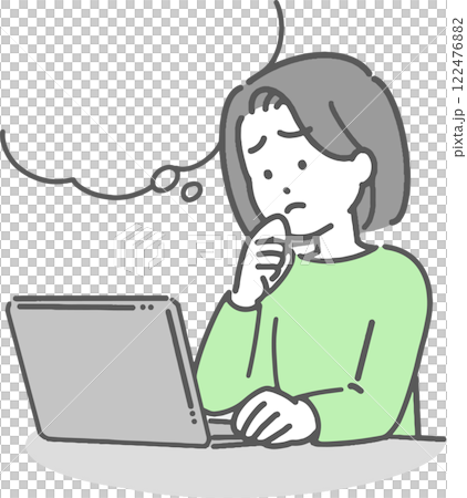 パソコンを操作しながら何か心配する若い女性のイラスト パソコンを操作しながら何か心配する若い女性のイラスト 122476882
