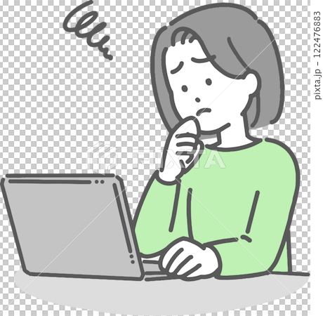 一位年輕女子一邊操作電腦一邊擔心 122476883
