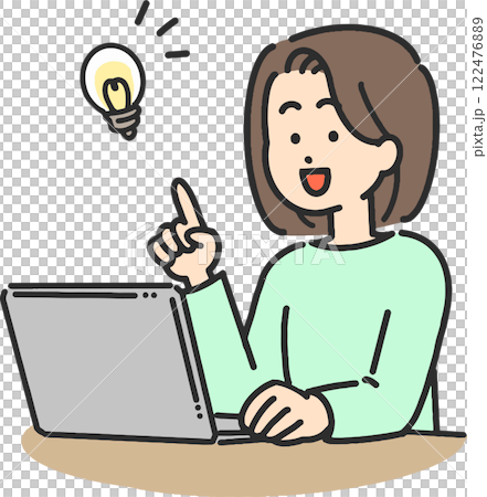 パソコンを操作しながら閃いた若い女性のイラスト 122476889