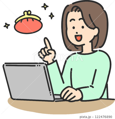 お金について閃いたパソコンを操作する若い女性のイラスト 122476890