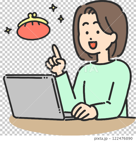 お金について閃いたパソコンを操作する若い女性のイラスト 122476890