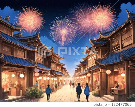 古い中国建築が並ぶ街道と花火-5 122477069